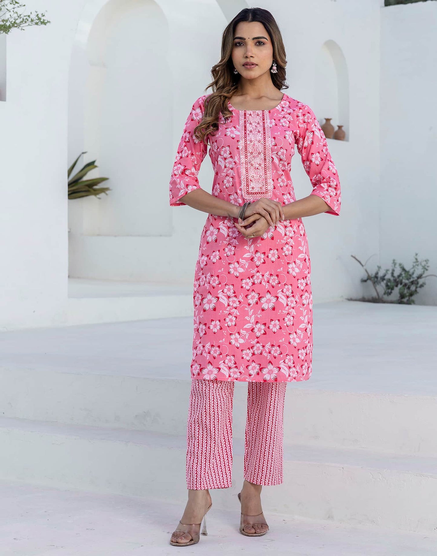 Cotton Printed, Embroidery and Mirror Work A-Line Kurta with Pant & Dupatta