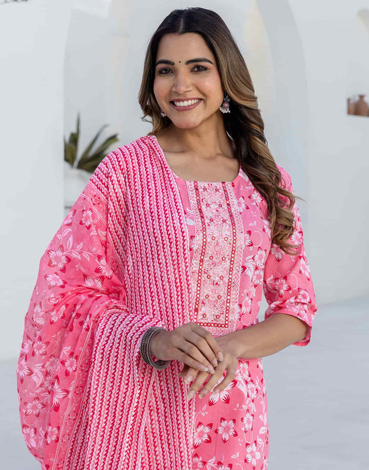 Cotton Printed, Embroidery and Mirror Work A-Line Kurta with Pant & Dupatta