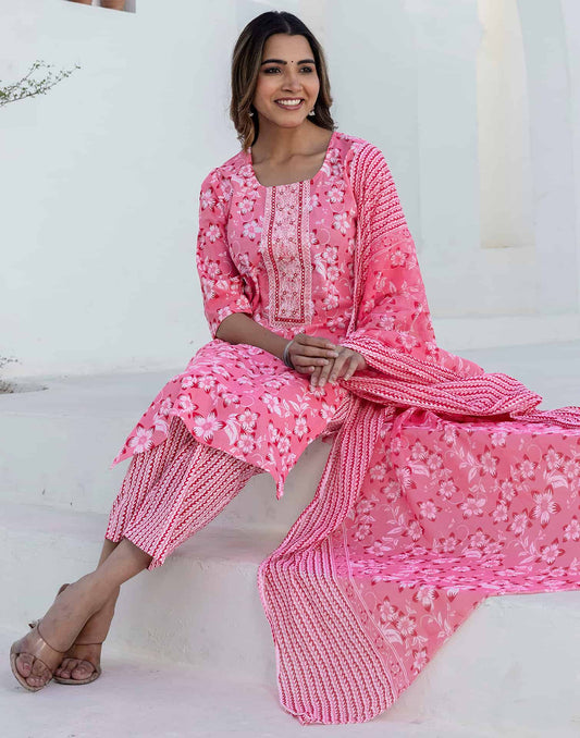 Cotton Printed, Embroidery and Mirror Work A-Line Kurta with Pant & Dupatta