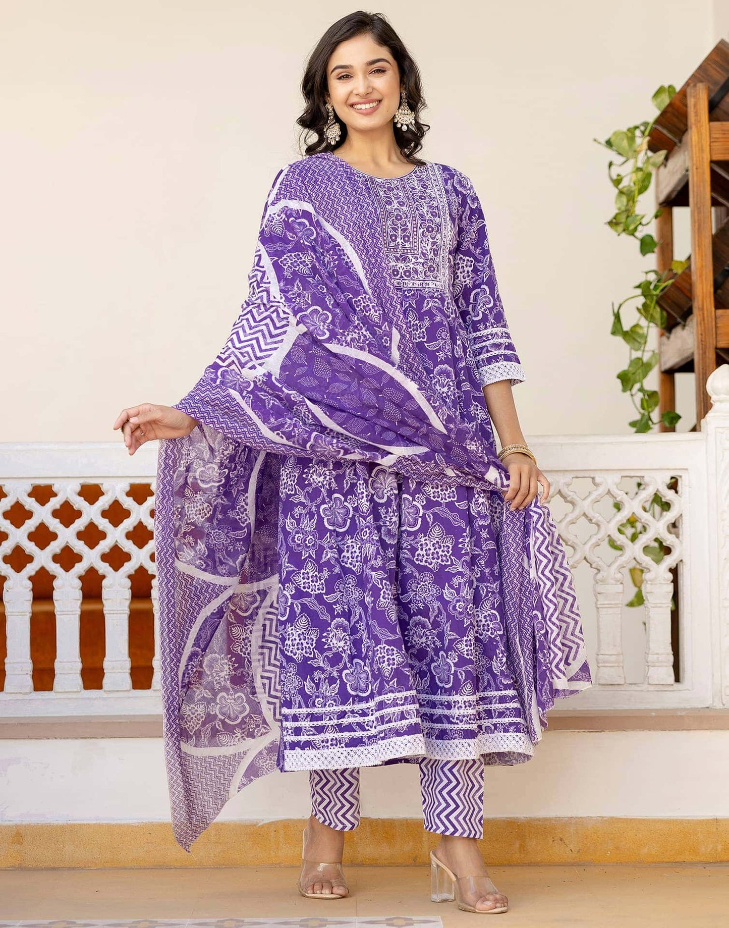 Cotton Embroidery and Sequin Work Anarkali Kurta with Pant & Dupatta