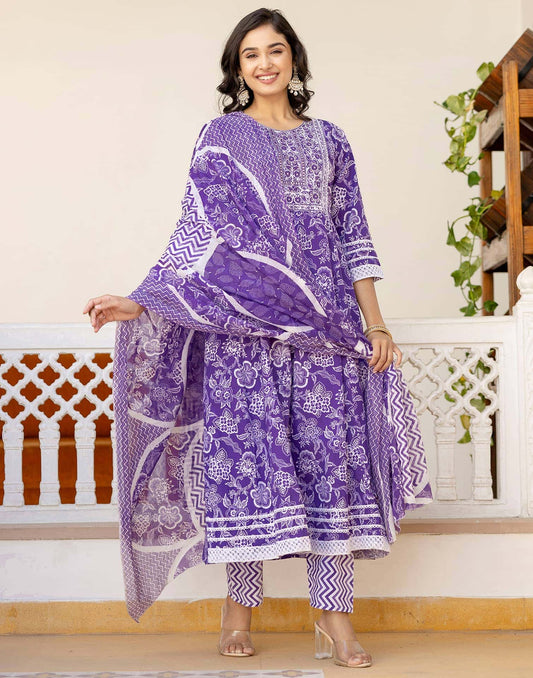 Cotton Embroidery and Sequin Work Anarkali Kurta with Pant & Dupatta