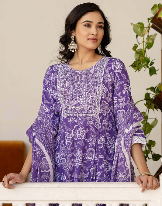 Cotton Embroidery and Sequin Work Anarkali Kurta with Pant & Dupatta