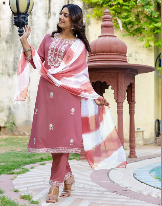 Rayon Embroidery, Sequins Work and Embroidery Lace Straight Kurta with Pant & Dupatta