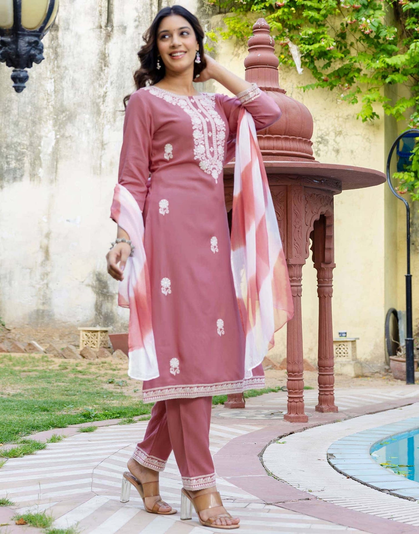 Rayon Embroidery, Sequins Work and Embroidery Lace Straight Kurta with Pant & Dupatta