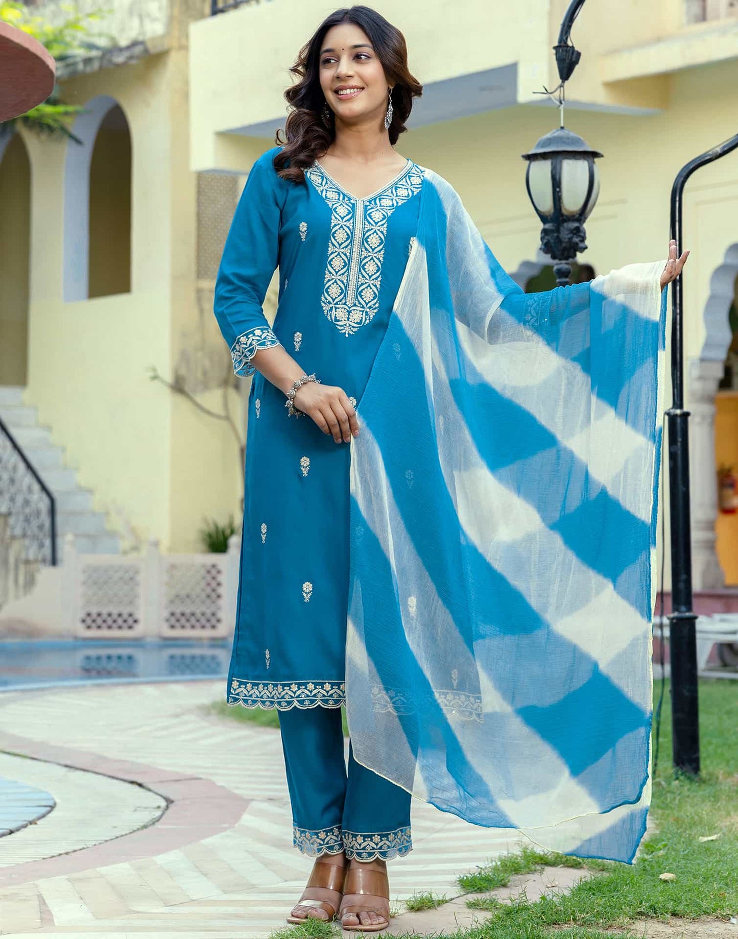 Rayon Embroidered Straight Kurta with Pant & Dupatta