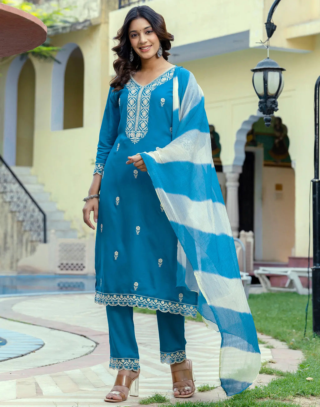 Rayon Embroidered Straight 3 Piece Kurta Set