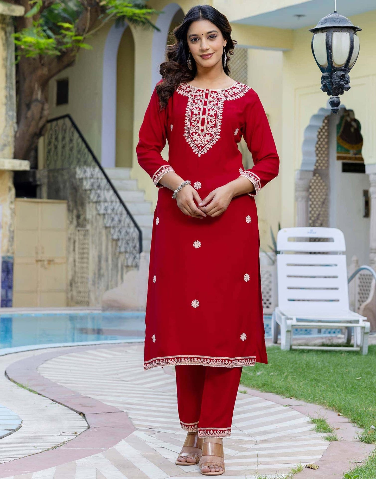 Rayon Embroidery, Sequins Work and Embroidery Lace Straight Kurta with Pant & Dupatta