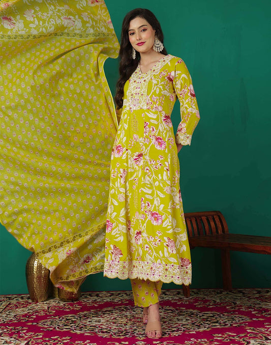 Cotton Embroidery, Sequins Work and Mirror Work Anarkali Kurta with Pant & Dupatta