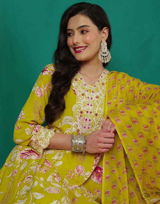 Cotton Embroidery, Sequins Work and Mirror Work Anarkali Kurta with Pant & Dupatta
