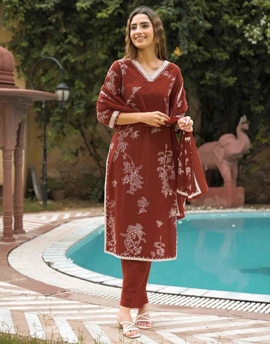 Cotton Printed Straight V-Neck Kurta with Pant & Dupatta