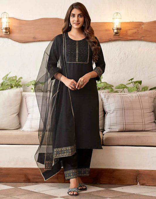 Cotton Blend Sequence Embroidery, Foil Print and Gota Lace Straight Kurta with Pant & Dupatta