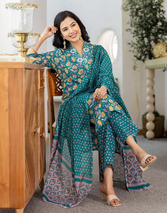 Cotton Printed and Embroidery Lace Anarkali Kurta with Pant & Dupatta