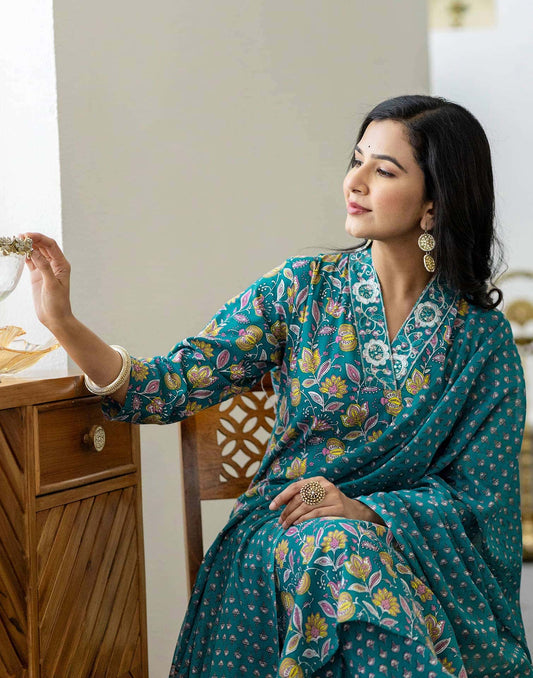 Cotton Printed and Embroidery Lace Anarkali Kurta with Pant & Dupatta