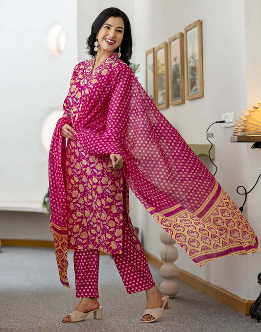 Cotton Printed and Embroidery Lace Anarkali Kurta with Pant & Dupatta