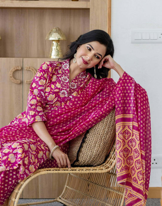 Cotton Printed and Embroidery Lace Anarkali Kurta with Pant & Dupatta