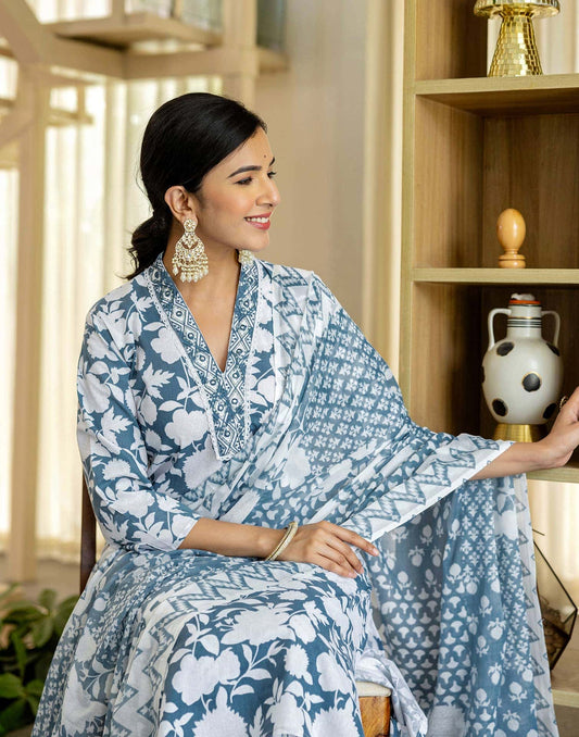 Cotton Printed and Embroidery Lace Anarkali Kurta with Pant & Dupatta