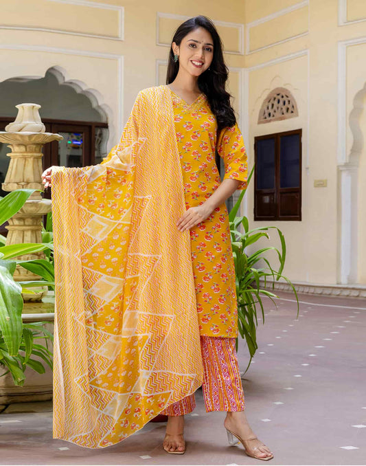 Cotton Printed, Embroidery and Sequins Work, Lace Straight Kurta with Pant & Dupatta