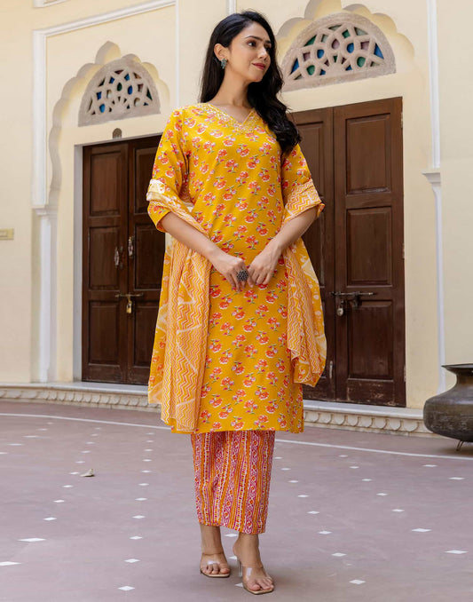 Cotton Printed, Embroidery and Sequins Work, Lace Straight Kurta with Pant & Dupatta