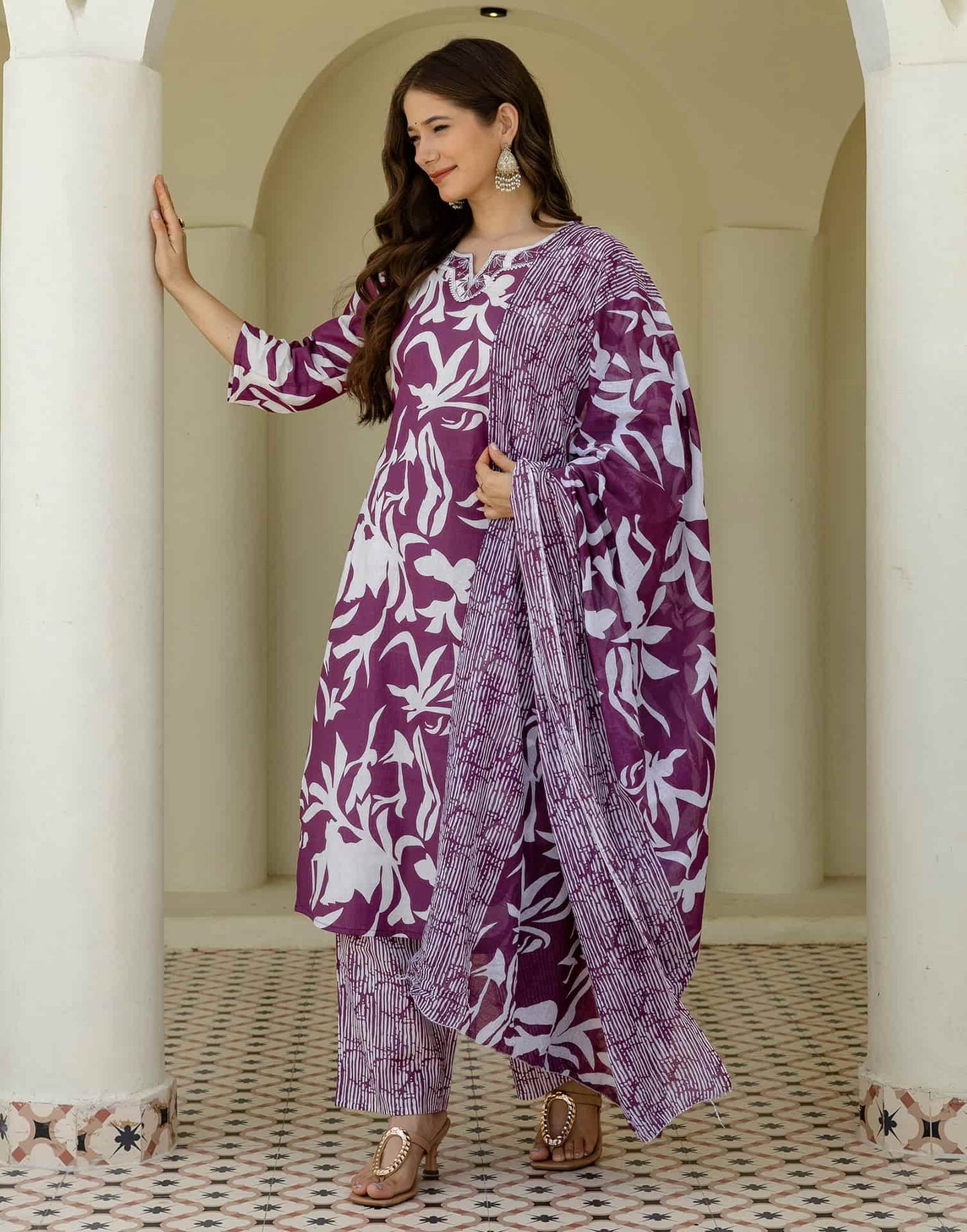 Cotton Straight Printed V-Neck Kurta with Pant & Dupatta