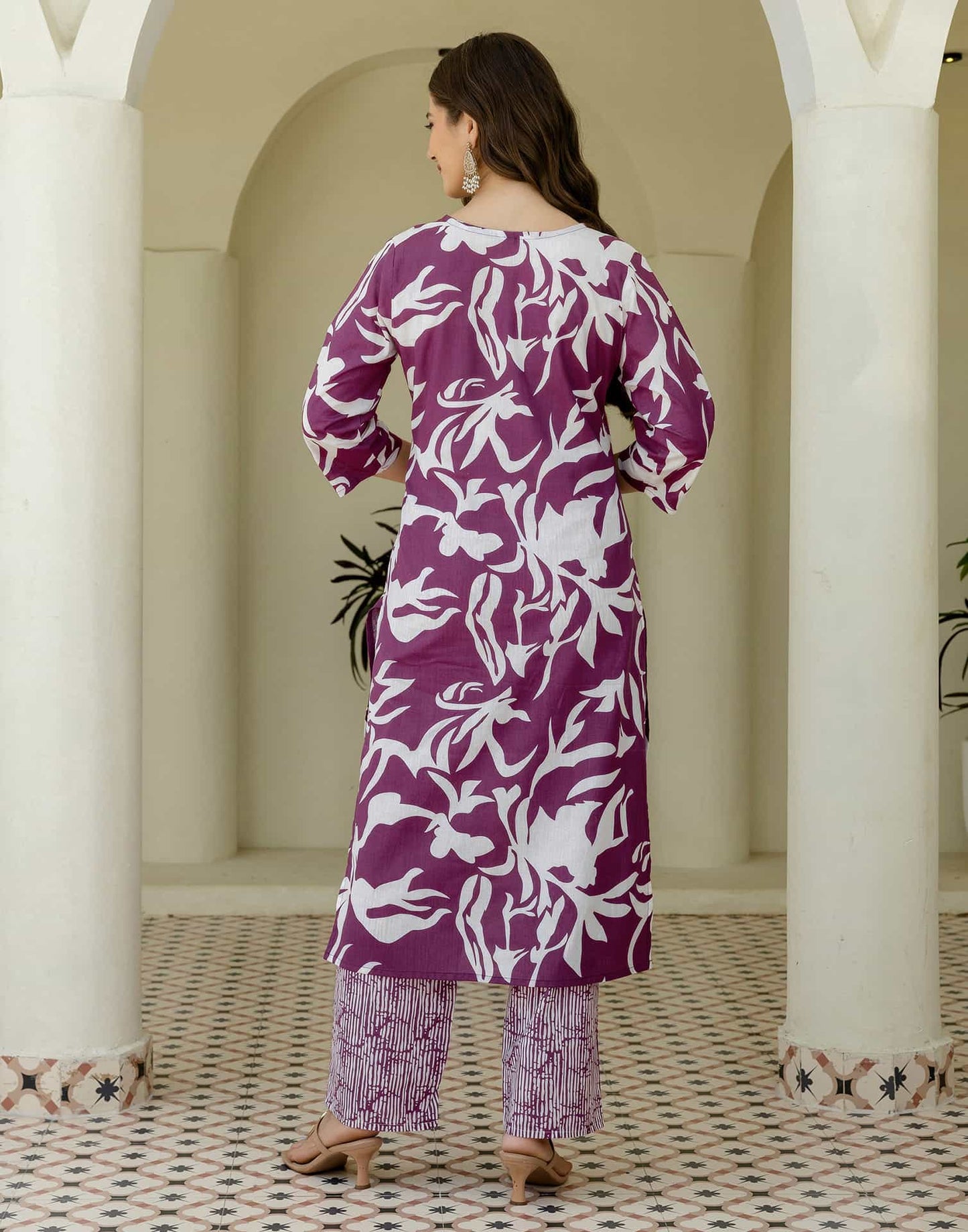 Cotton Straight Printed V-Neck Kurta with Pant & Dupatta