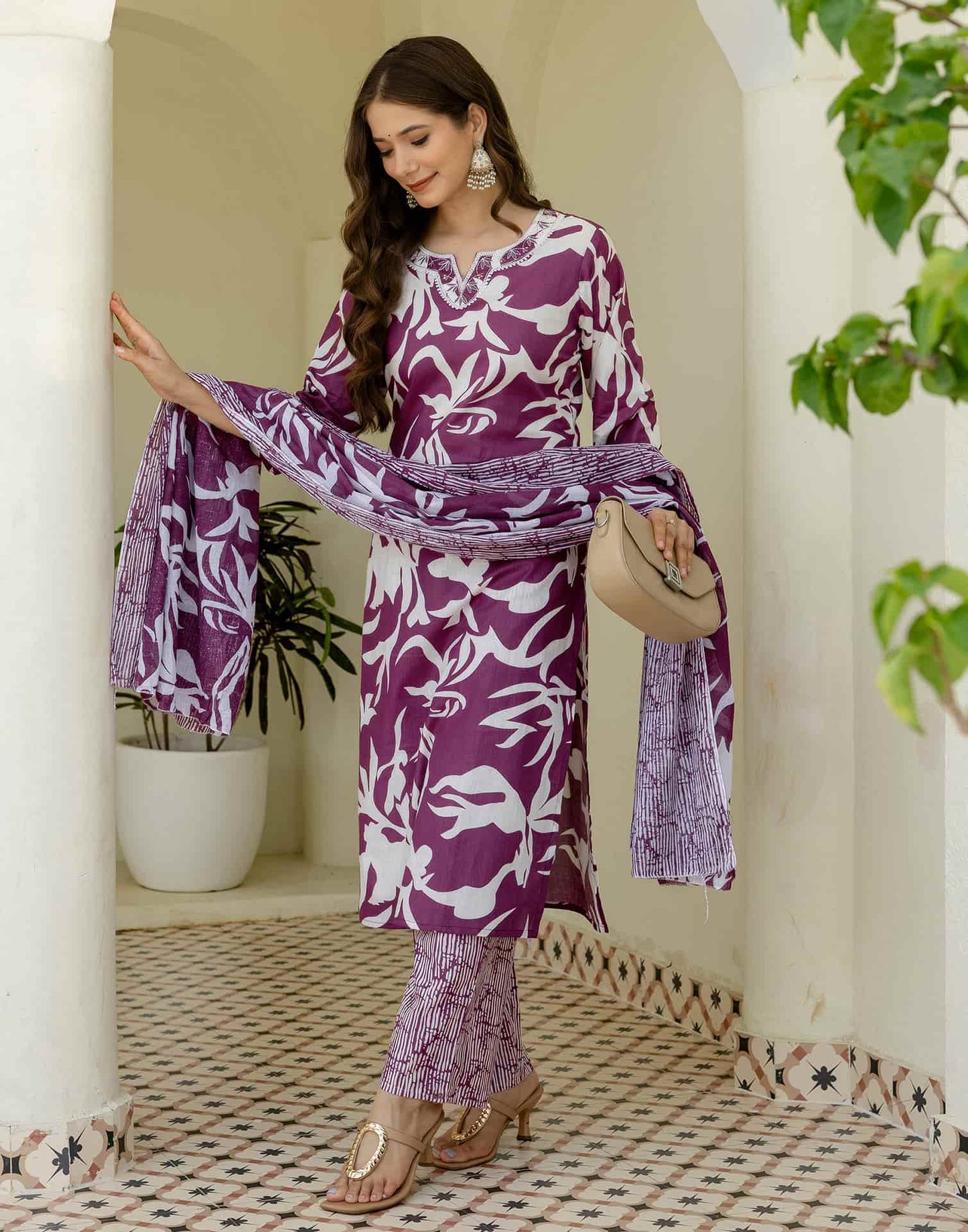 Cotton Straight Printed V-Neck Kurta with Pant & Dupatta