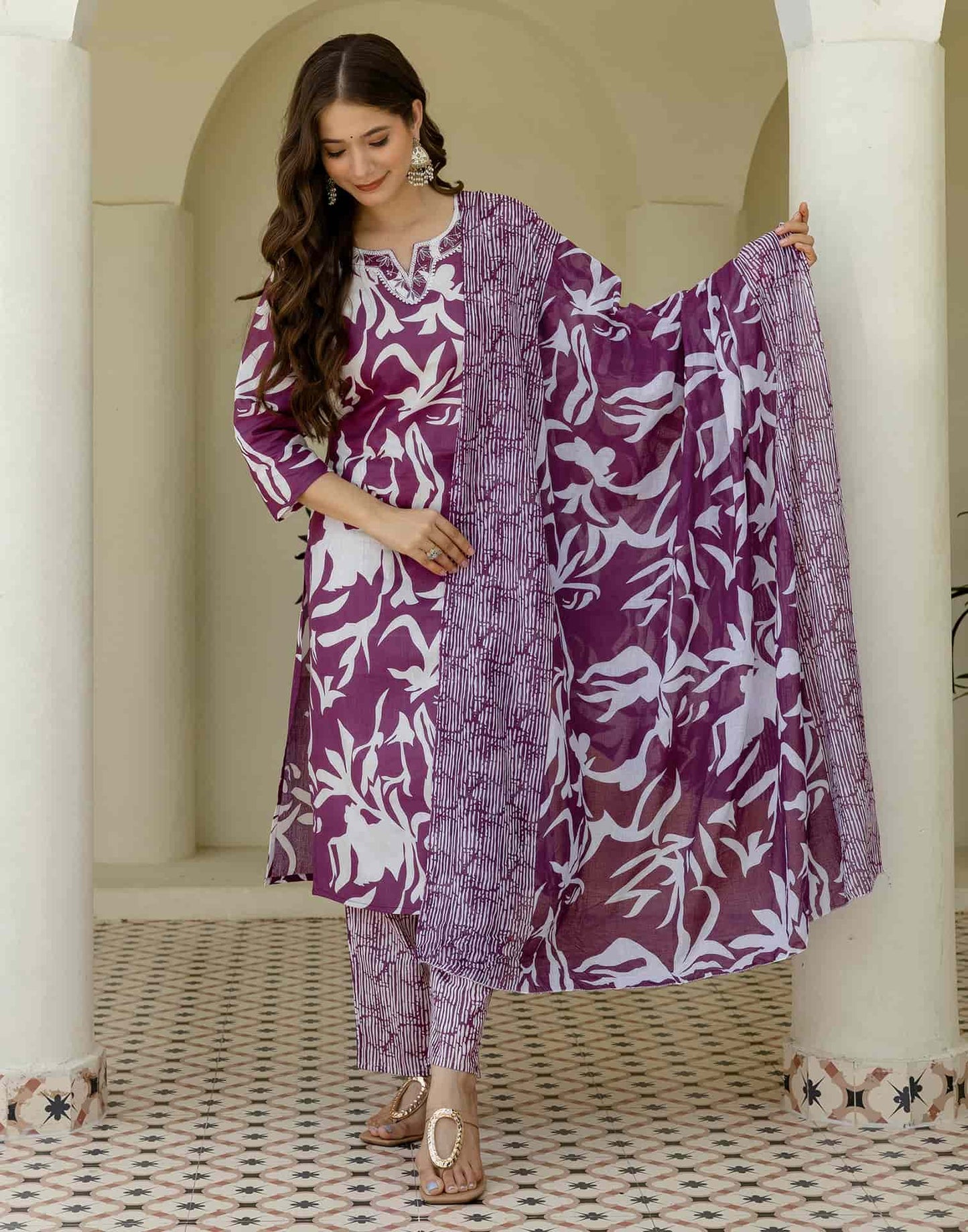 Cotton Straight Printed V-Neck Kurta with Pant & Dupatta