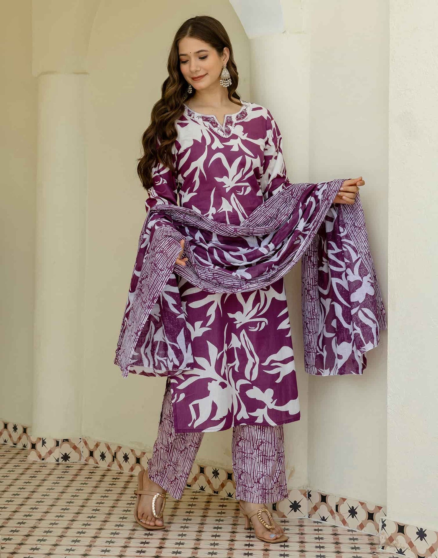 Cotton Straight Printed V-Neck Kurta with Pant & Dupatta