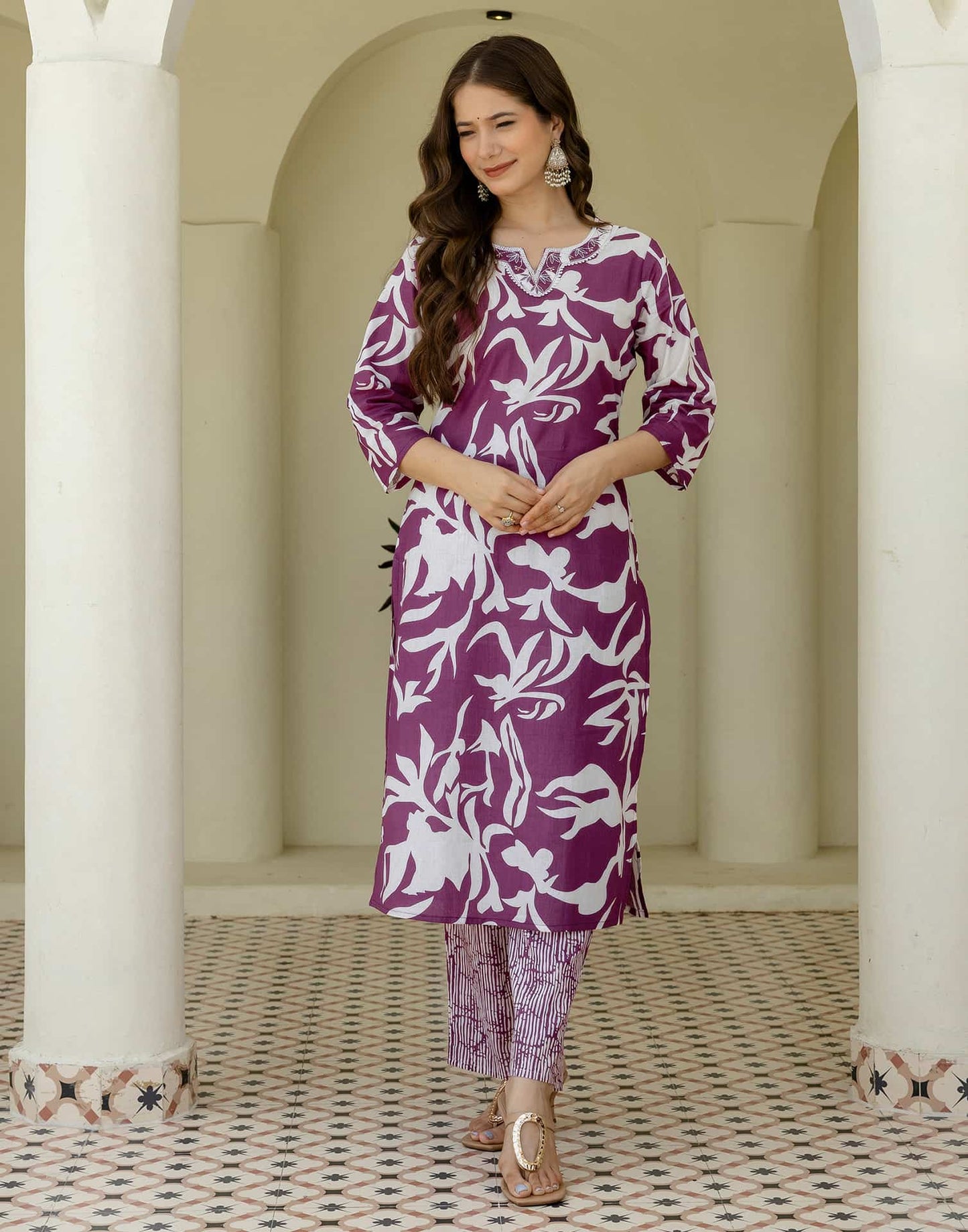 Cotton Straight Printed V-Neck Kurta with Pant & Dupatta
