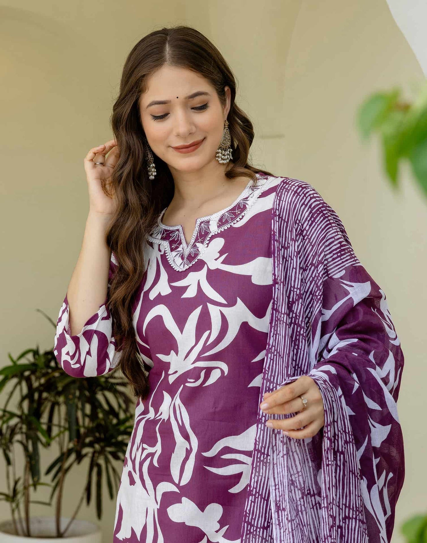 Cotton Straight Printed V-Neck Kurta with Pant & Dupatta