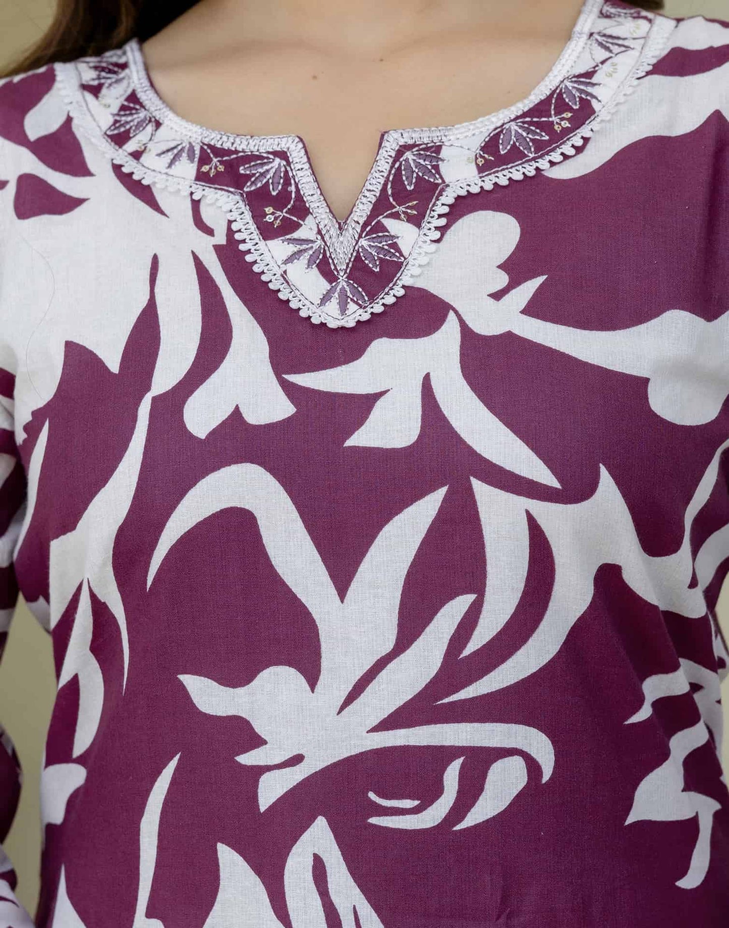 Cotton Straight Printed V-Neck Kurta with Pant & Dupatta