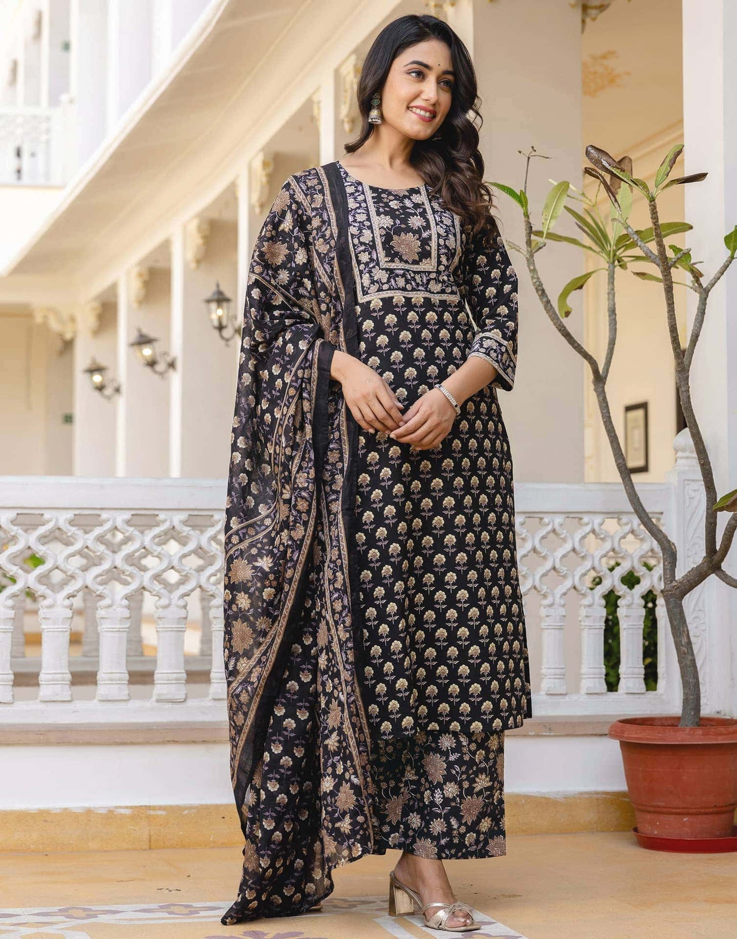 Cotton Printed Straight Kurta with Pant & Dupatta
