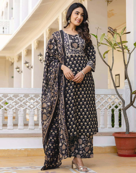 Cotton Printed Straight Kurta with Pant & Dupatta