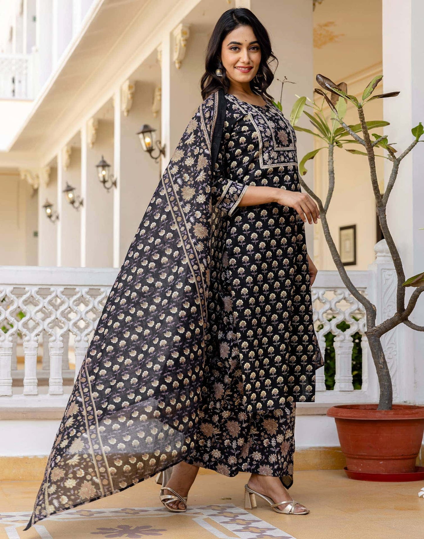 Cotton Printed Straight Kurta with Pant & Dupatta
