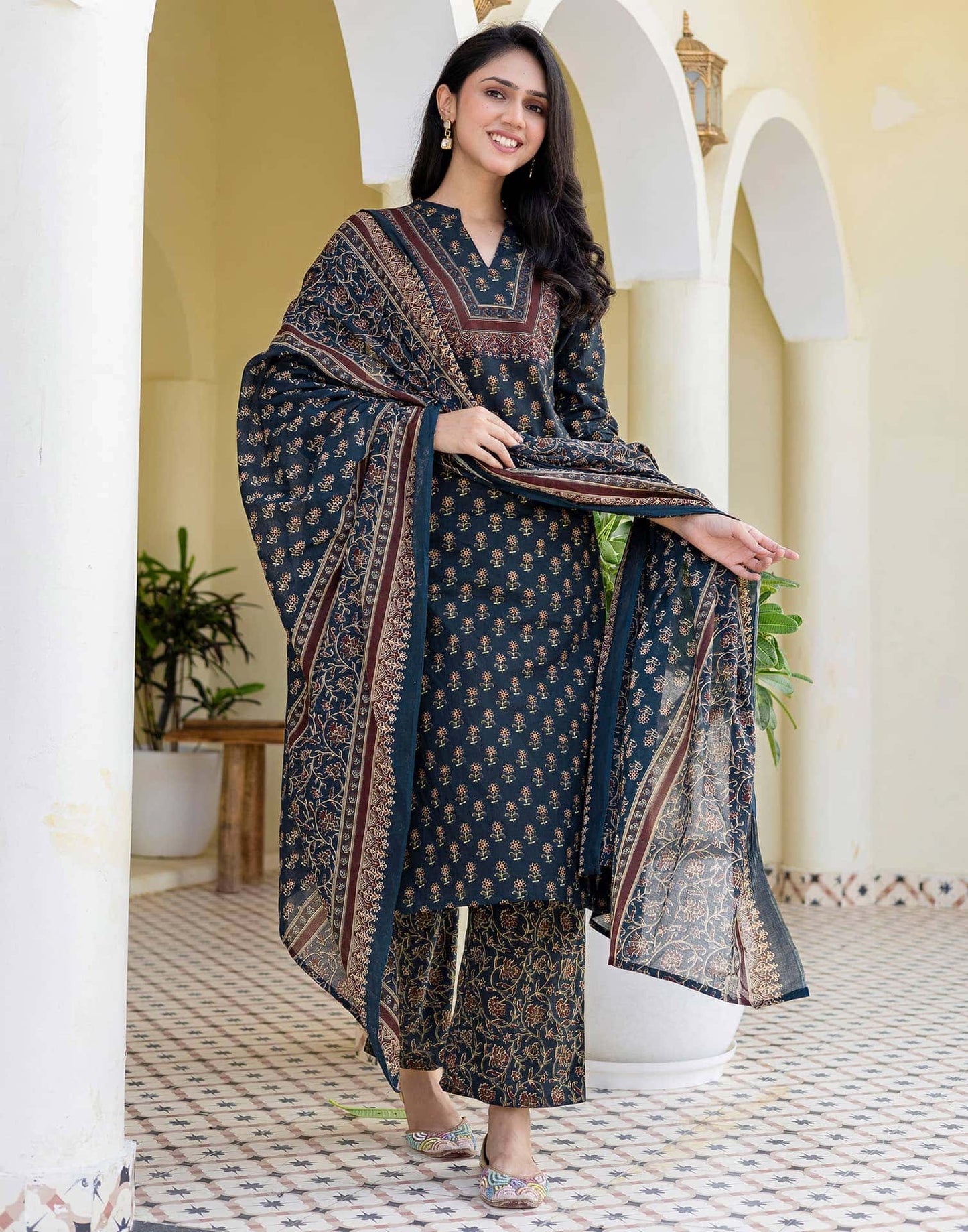 Cotton Printed, Fabric Lace Straight Kurta with Pant & Dupatta