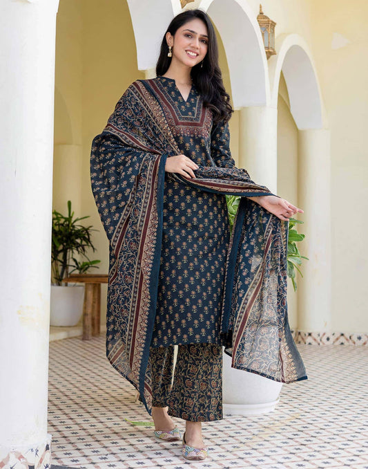 Cotton Printed, Fabric Lace Straight Kurta with Pant & Dupatta