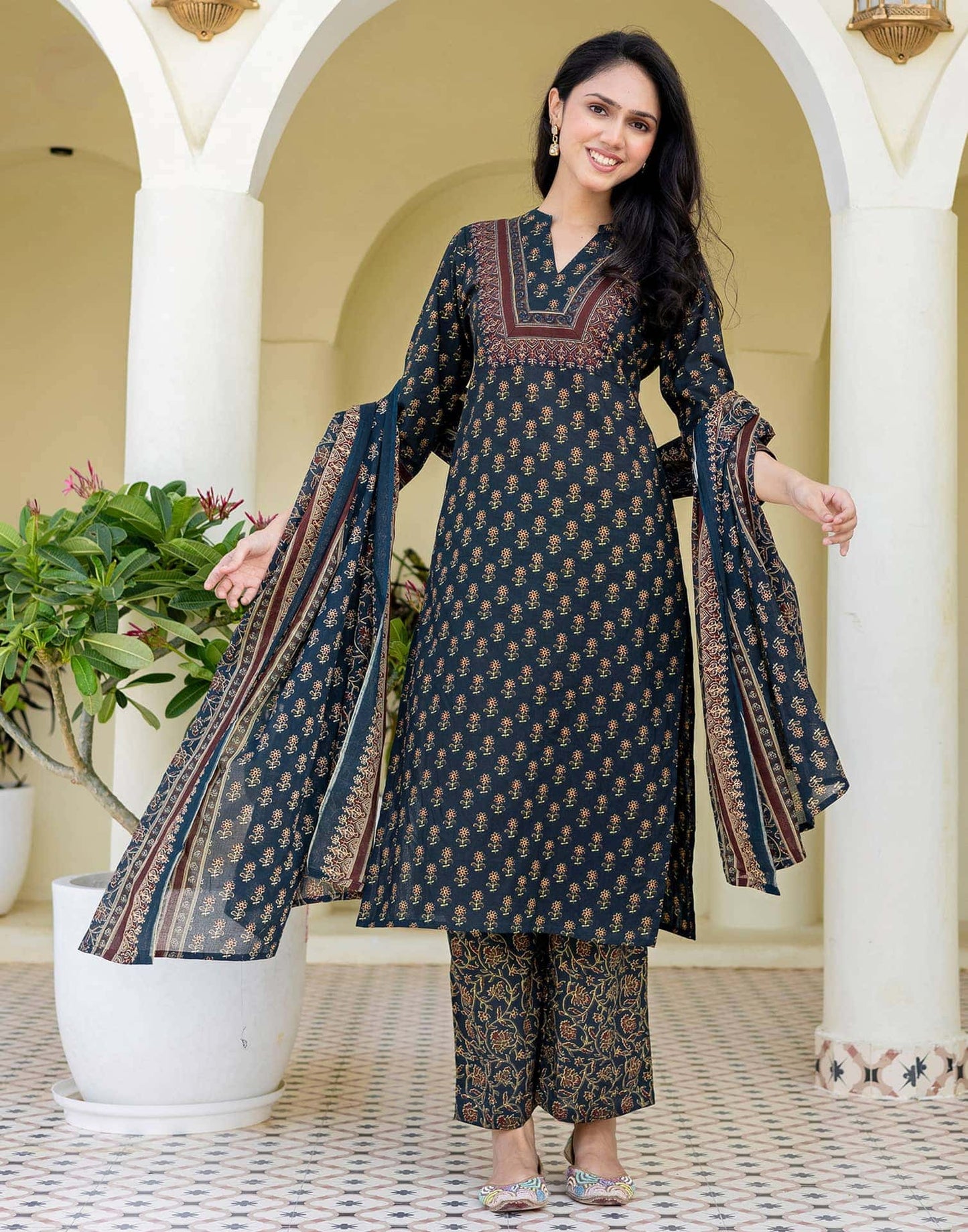 Cotton Printed, Fabric Lace Straight Kurta with Pant & Dupatta