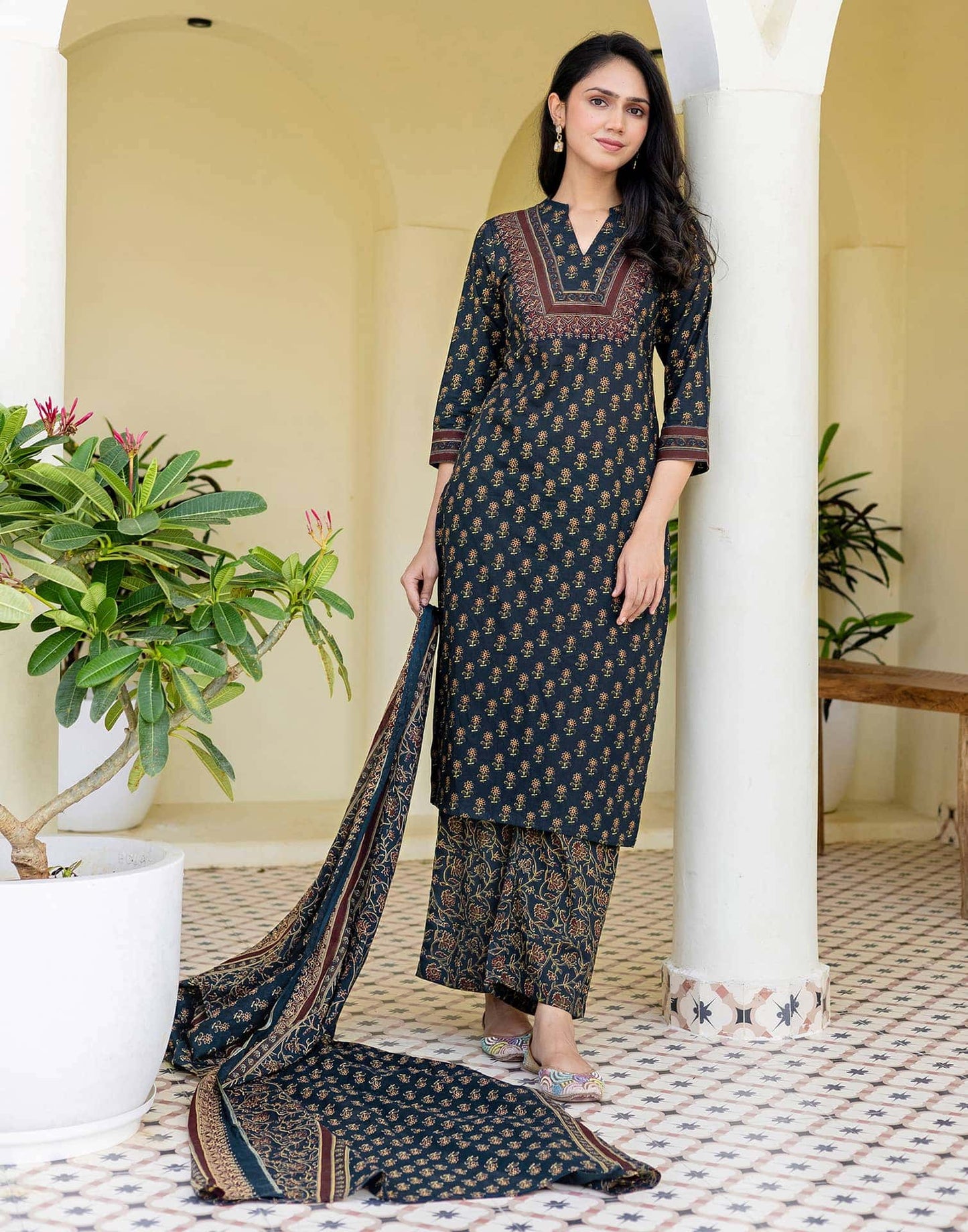 Cotton Printed, Fabric Lace Straight Kurta with Pant & Dupatta