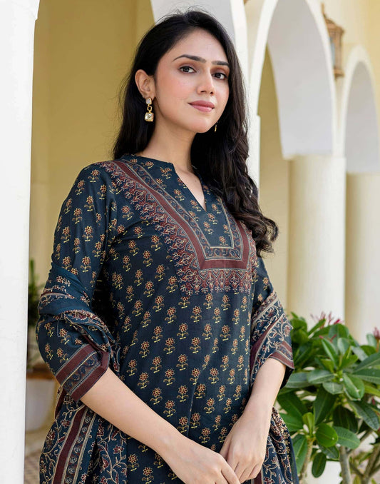 Cotton Printed, Fabric Lace Straight Kurta with Pant & Dupatta