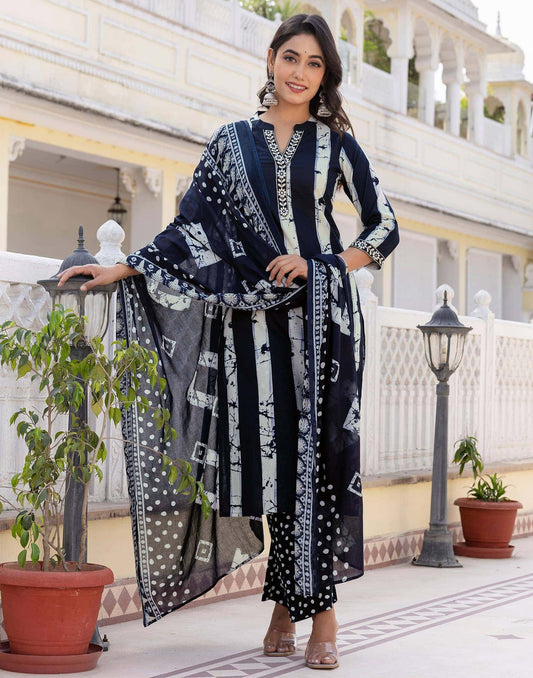 Cotton Printed, Embroidery Lace Straight Kurta with Pant & Dupatta