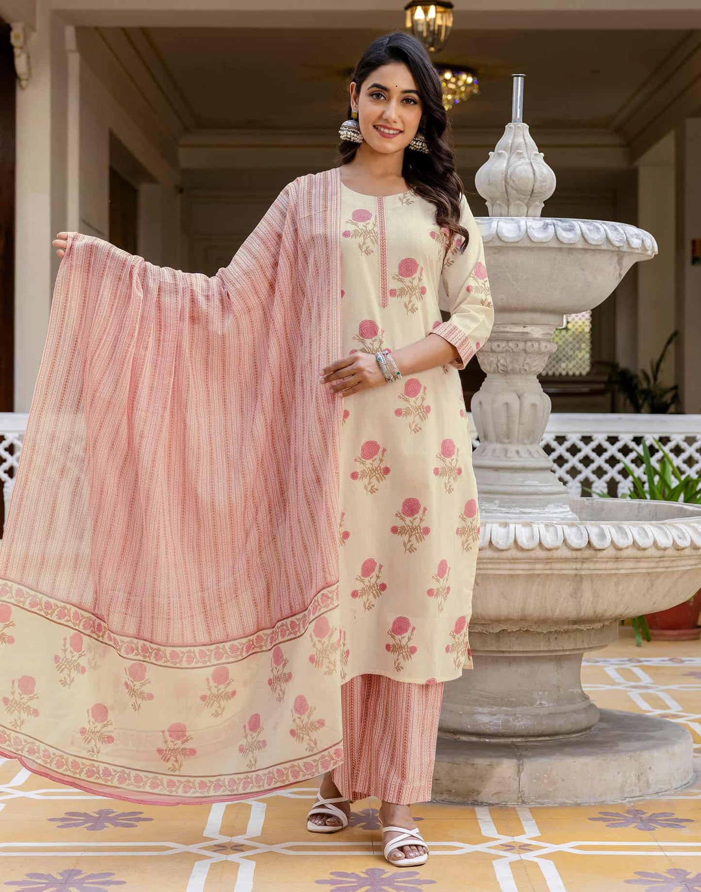Cotton Floral Printed, Fabric Lace A-Line Kurta with Pant & Dupatta
