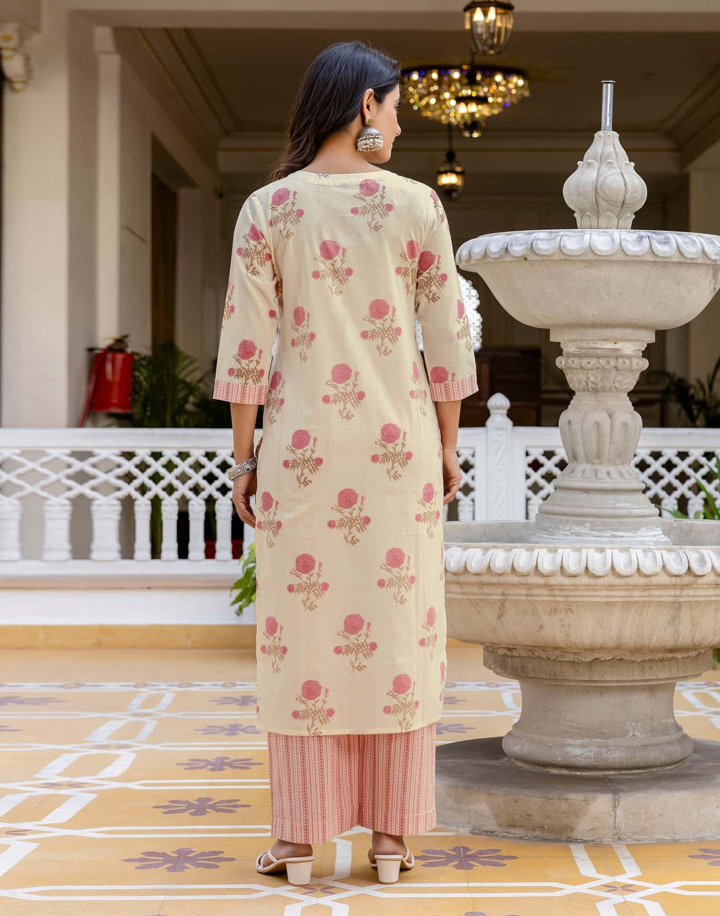 Cotton Floral Printed, Fabric Lace A-Line Kurta with Pant & Dupatta