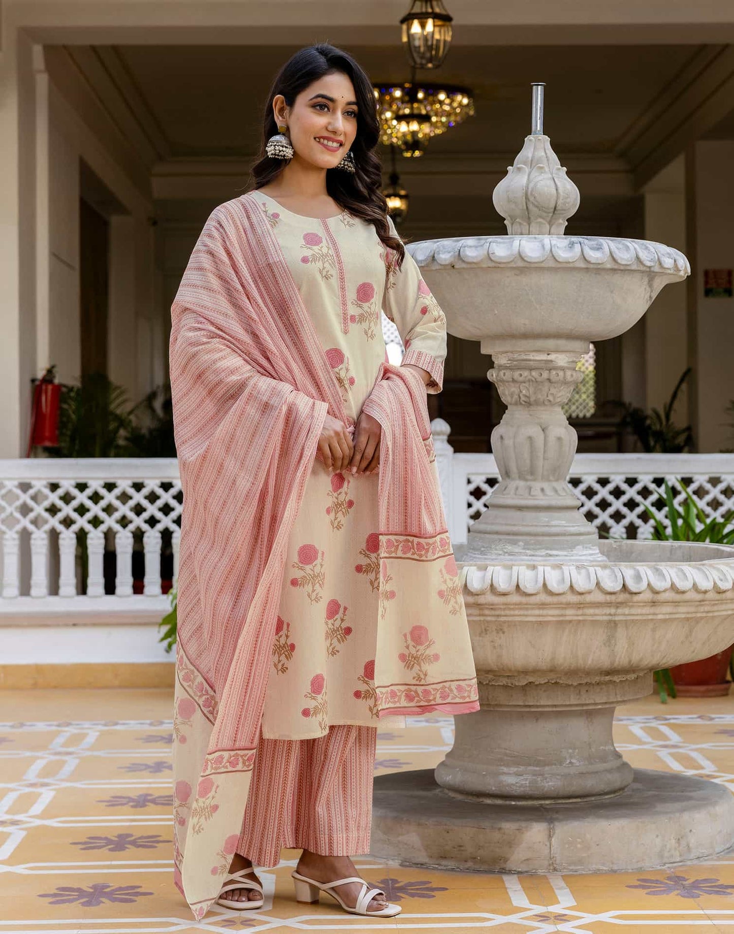 Cotton Floral Printed, Fabric Lace A-Line Kurta with Pant & Dupatta