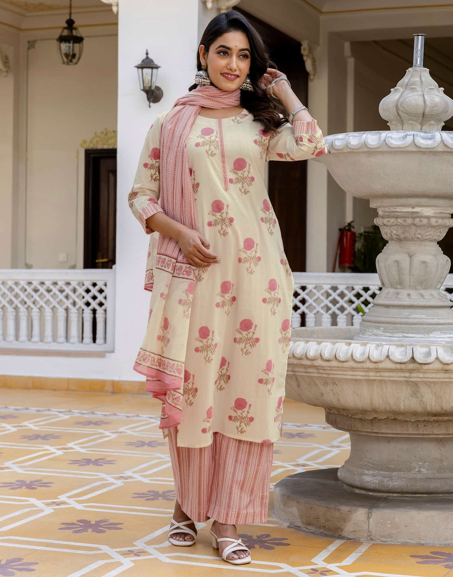 Cotton Floral Printed, Fabric Lace A-Line Kurta with Pant & Dupatta