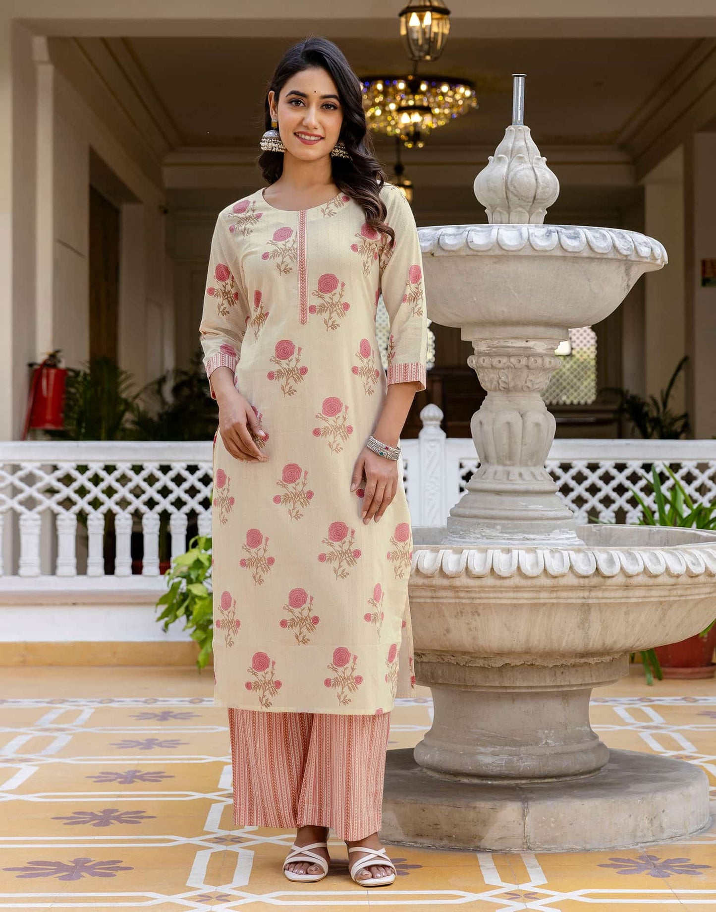 Cotton Floral Printed, Fabric Lace A-Line Kurta with Pant & Dupatta
