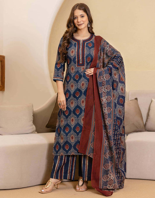 Cotton Printed Straight Kurta with Pant & Dupatta
