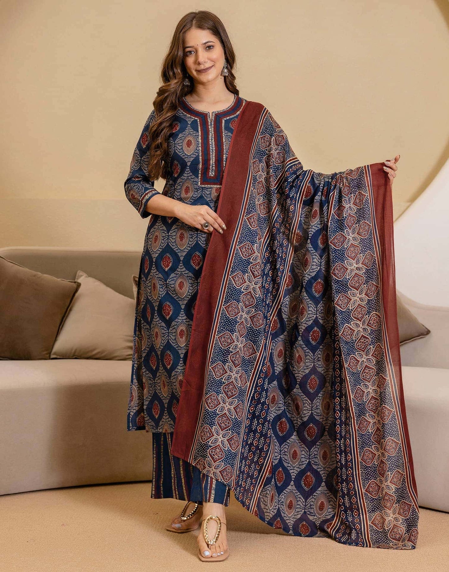 Cotton Printed Straight Kurta with Pant & Dupatta