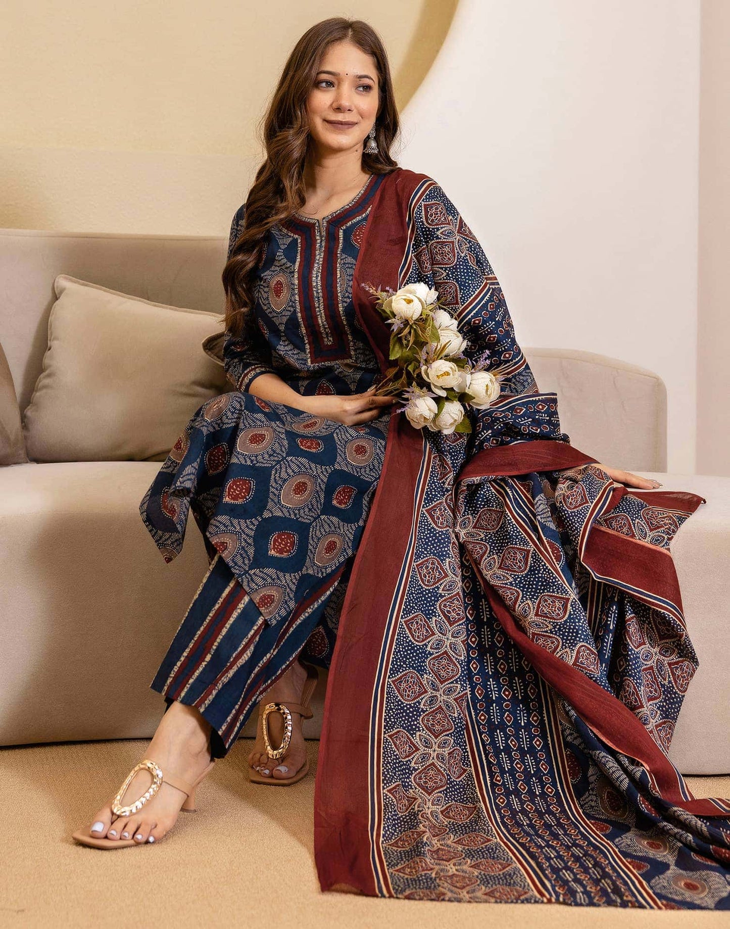 Cotton Printed Straight Kurta with Pant & Dupatta