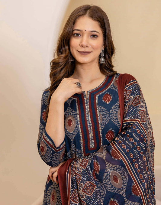 Cotton Printed Straight Kurta with Pant & Dupatta