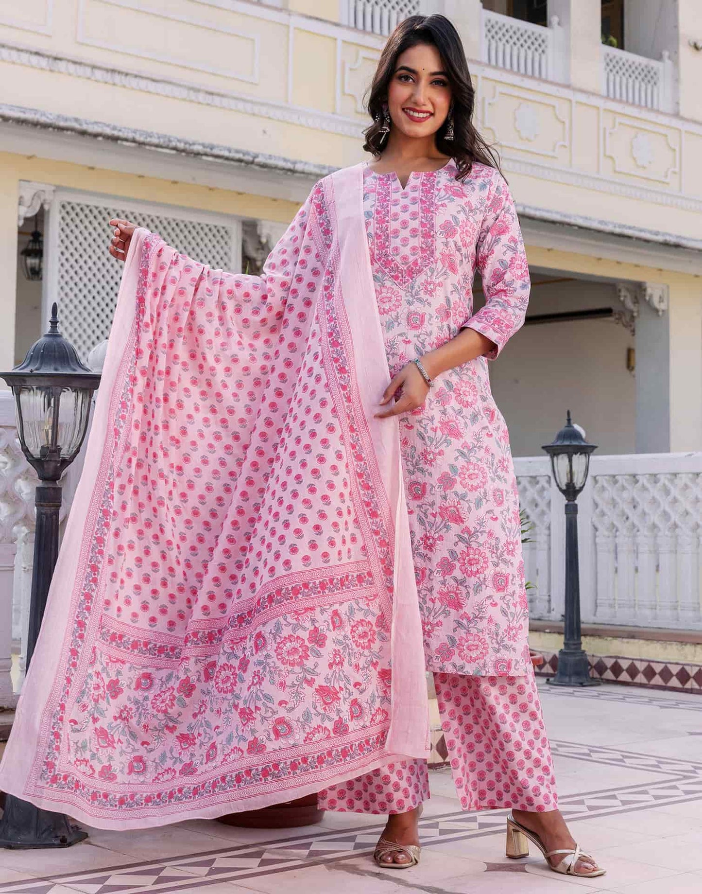 Cotton Printed A-Line Kurta with Pant & Dupatta