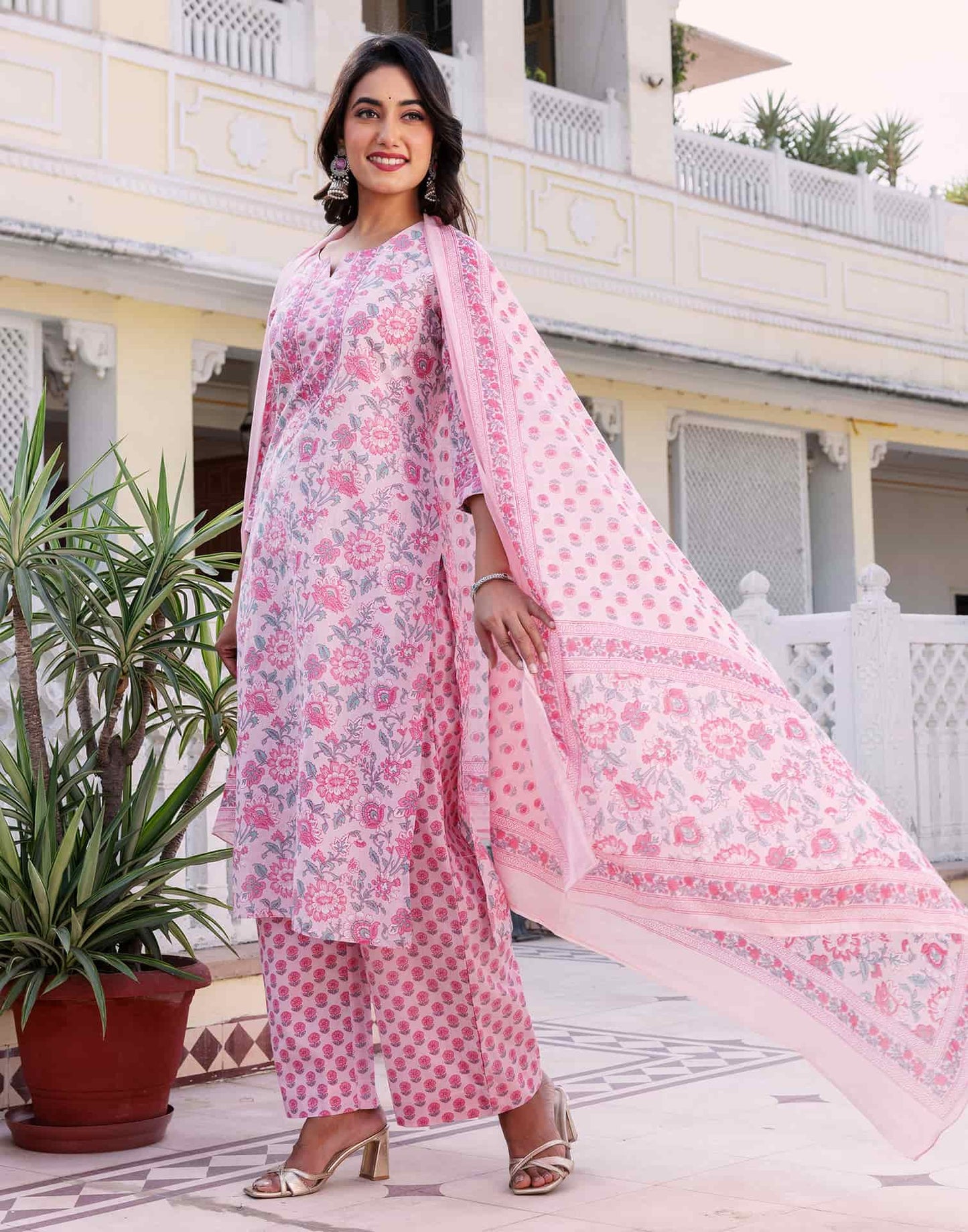 Cotton Printed A-Line Kurta with Pant & Dupatta
